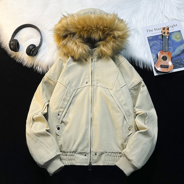Unisex Quilted Bomber Jacket with Large Hood and Faux Fur Trim Mune Fashion