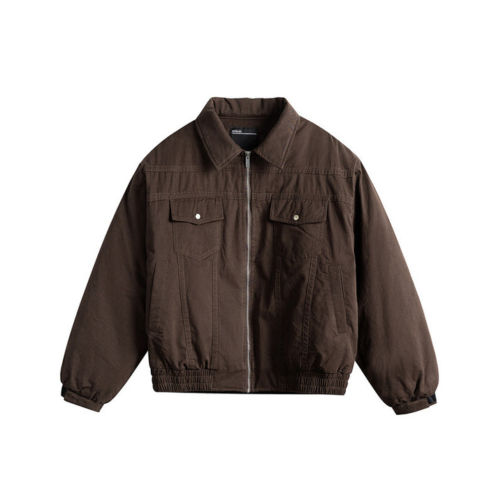 Men's short boxy blouson with shirt collar, utility chest pockets, and elastic hem Mune Fashion