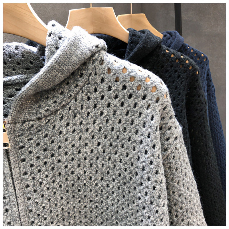 Unisex Light Openwork Knit Hooded Zip Jacket with Eyelet Pattern Mune Fashion