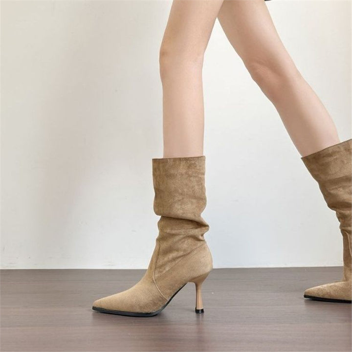 Women Mid-Calf Gathered Ankle Boots with Pointed Toe and Shaped Stiletto Mune Fashion