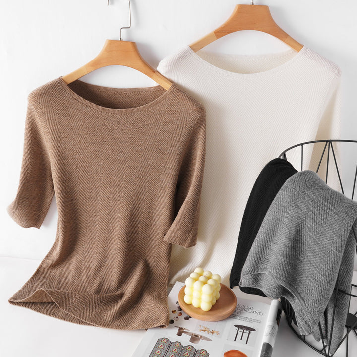 Women's Loose Fine Knit Tunic Top with Boat Neck and Herringbone Texture Mune Fashion