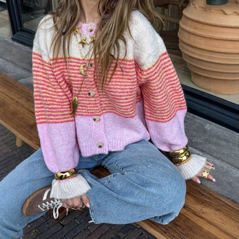Women's Short Knit Cardigan made of Mohair Blend with Stripes, Button Placket and Balloon Sleeves Mune Fashion