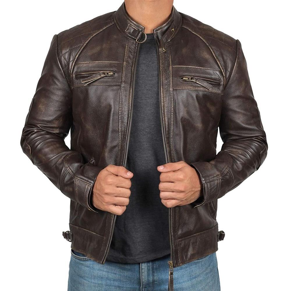 Men's Leather Jacket Biker Style Made of Genuine Leather with Stand-Up Collar and Zipper Pockets Mune Fashion