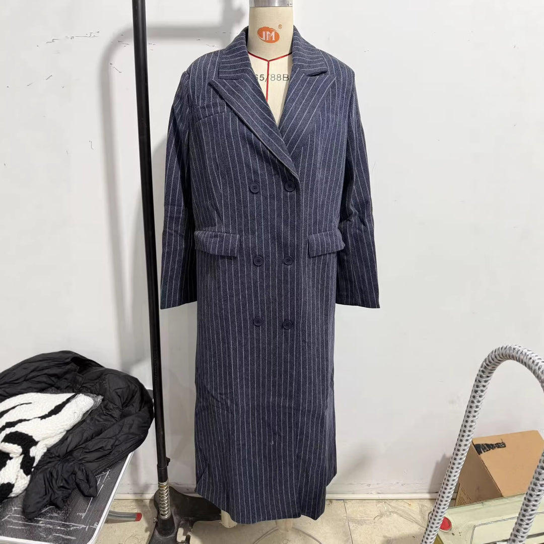 Women's Maximum Oversized Coat in Pinstripe Look with Double-Breasted Button Placket and Long Silhouette Mune Fashion