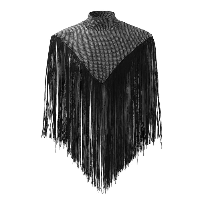 Ladies long fringed cape with turtleneck and V-shaped insert Mune Fashion