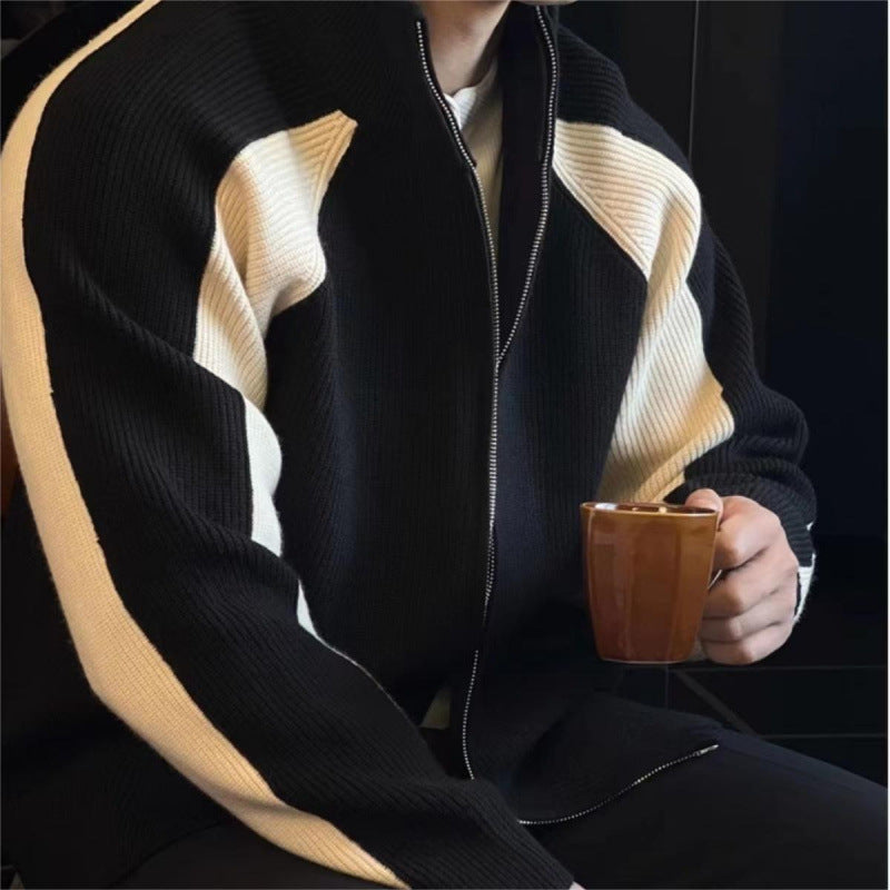 Men's knit zip jacket with contrast panels, stand-up collar and distinctive ribbed texture Mune Fashion