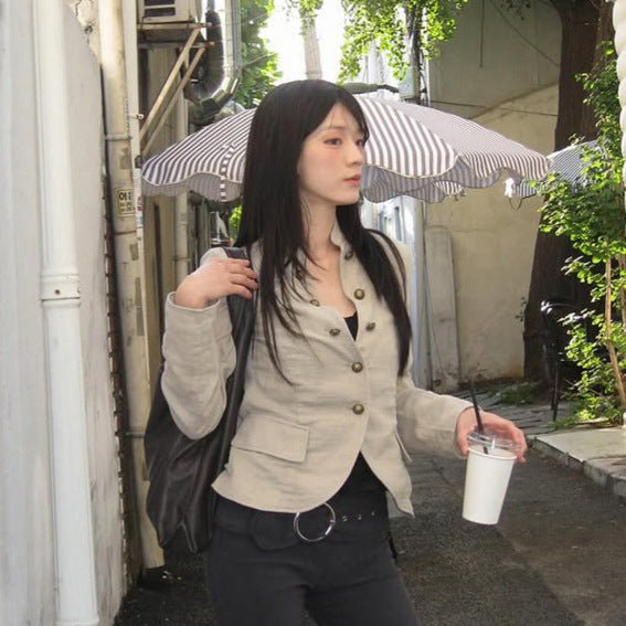 Women Tailored Linen Blazer with Stand-up Collar and Decorative Button Placket Mune Fashion