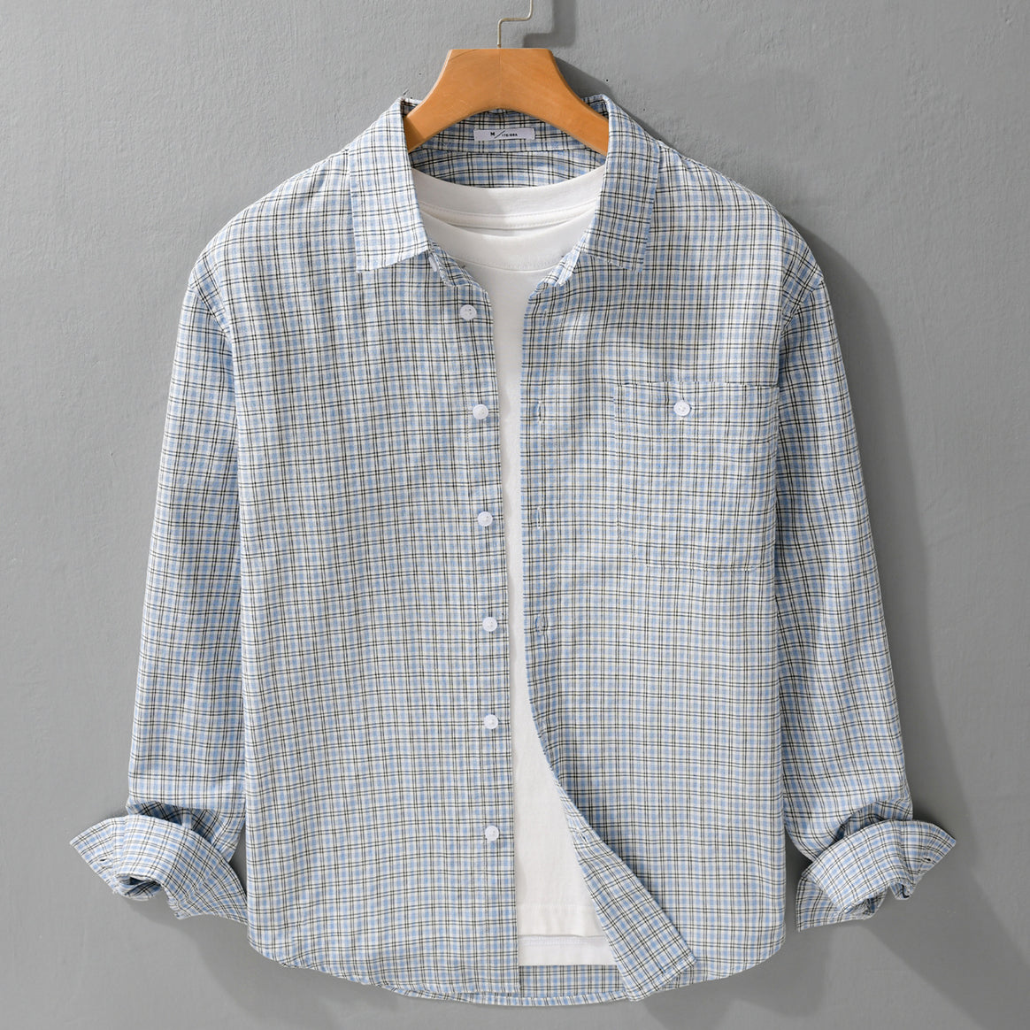 Men's Fine Checkered Pattern Layering Shirt made of Cotton Poplin with Chest Pocket and Relaxed Hem Mune Fashion