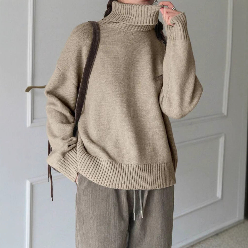 Women's Oversize Turtleneck Fine Knit Sweater with Raglan Sleeves and Side Slits Mune Fashion