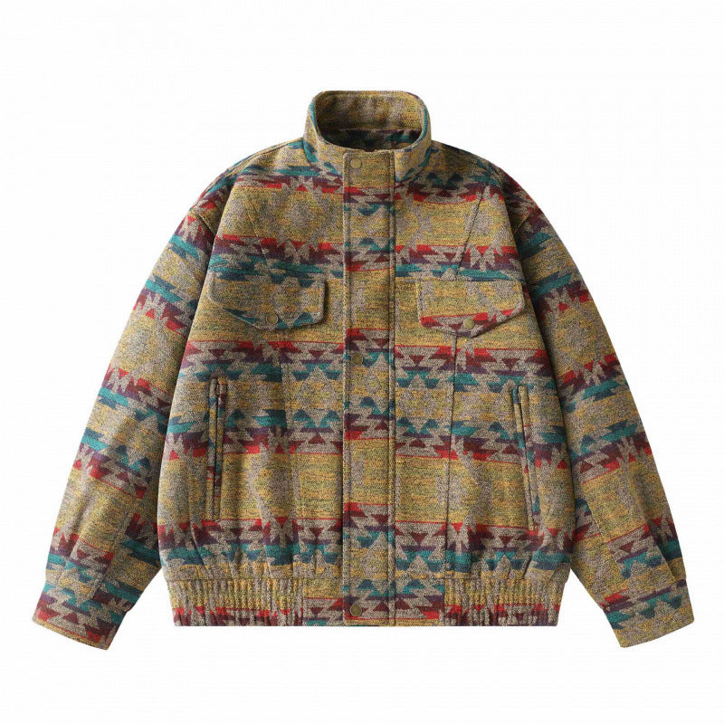 Unisex Boxy Jacquard Wool Bomber Jacket with Stand-Up Collar, Flap Pockets, and Elastic Hem Mune Fashion