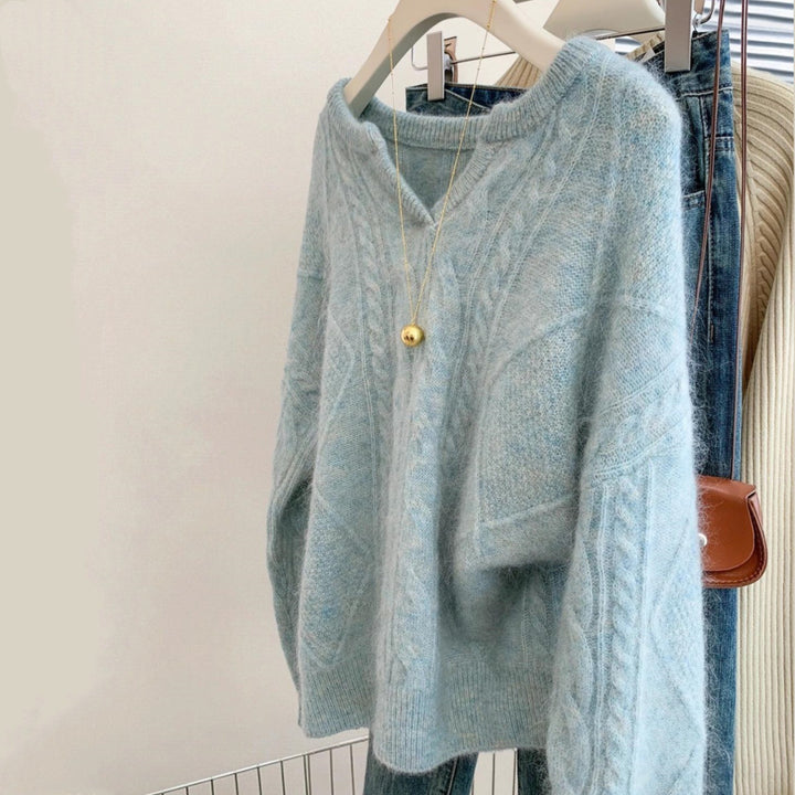 Women's Oversize Mohair-Optic Cable Knit Sweater with V-Neck and Dropped Shoulder Mune Fashion