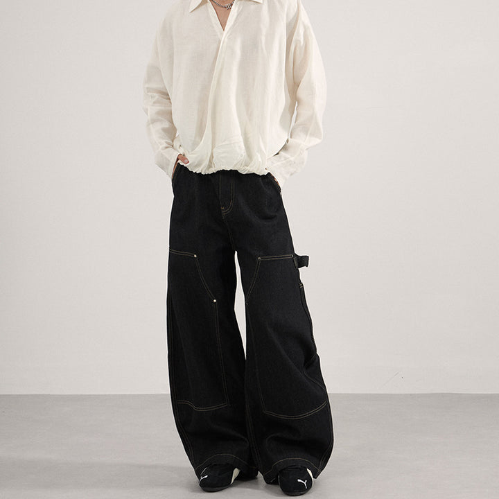Men's Wide-Cut Carpenter Denim Palazzo Pants with Distinctive Seam Panels Mune Fashion