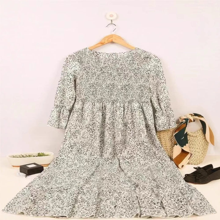Women nan locker falling babydoll midi dress with gathered under bust, dropped three-quarter sleeves and fine floral print Mune Fashion