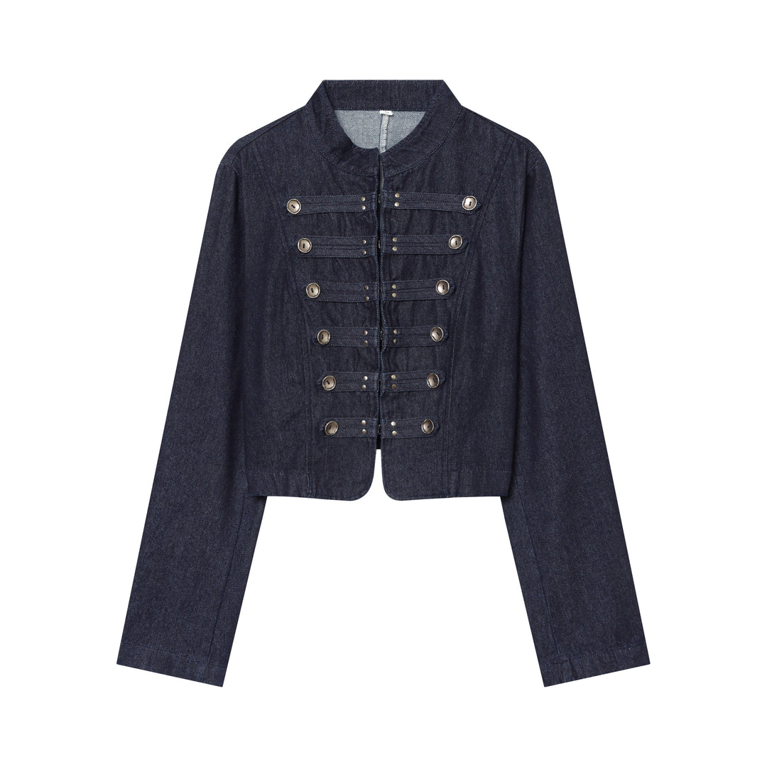 Women's Cropped Denim Military Jacket with Stand Collar and Decorative Button Placket Mune Fashion