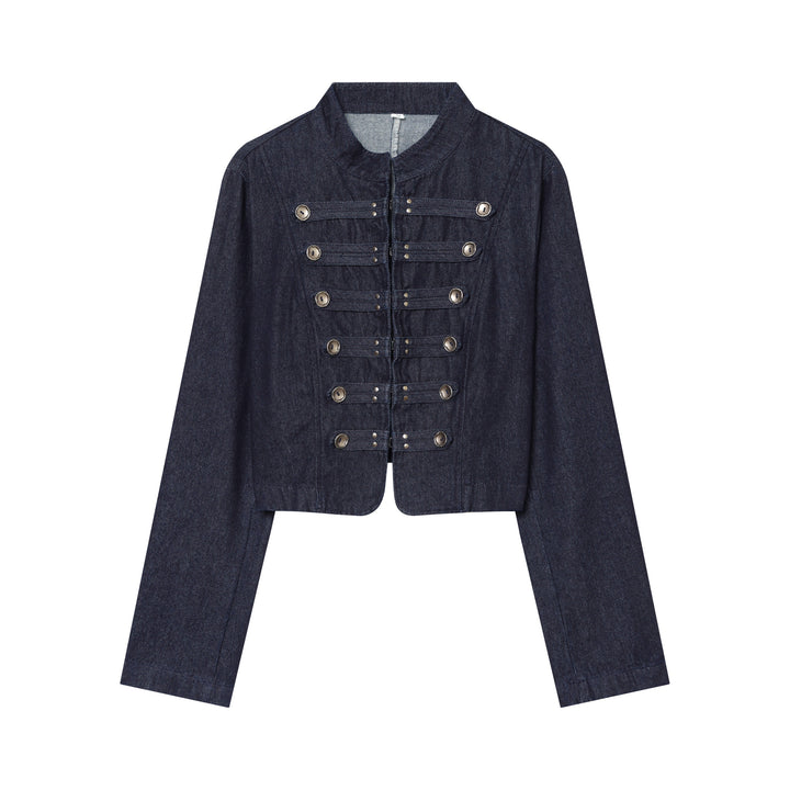 Women's Cropped Denim Military Jacket with Stand Collar and Decorative Button Placket Mune Fashion