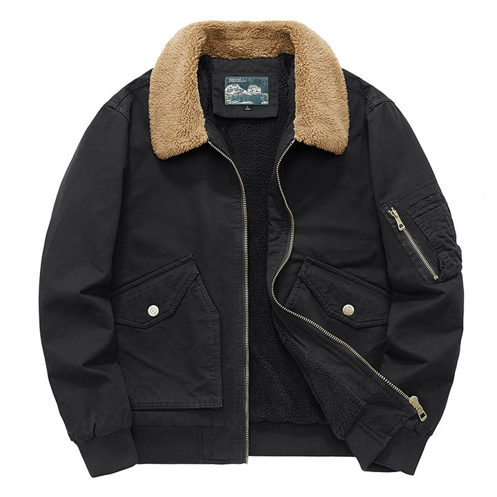 Men's  sherpa-lined cotton canvas aviator jacket with zip sleeve pocket Mune Fashion