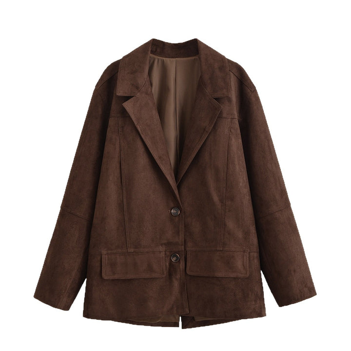 Women's Oversized Suede Look Blazer Jacket with Lapel Collar and Flap Pockets Mune Fashion