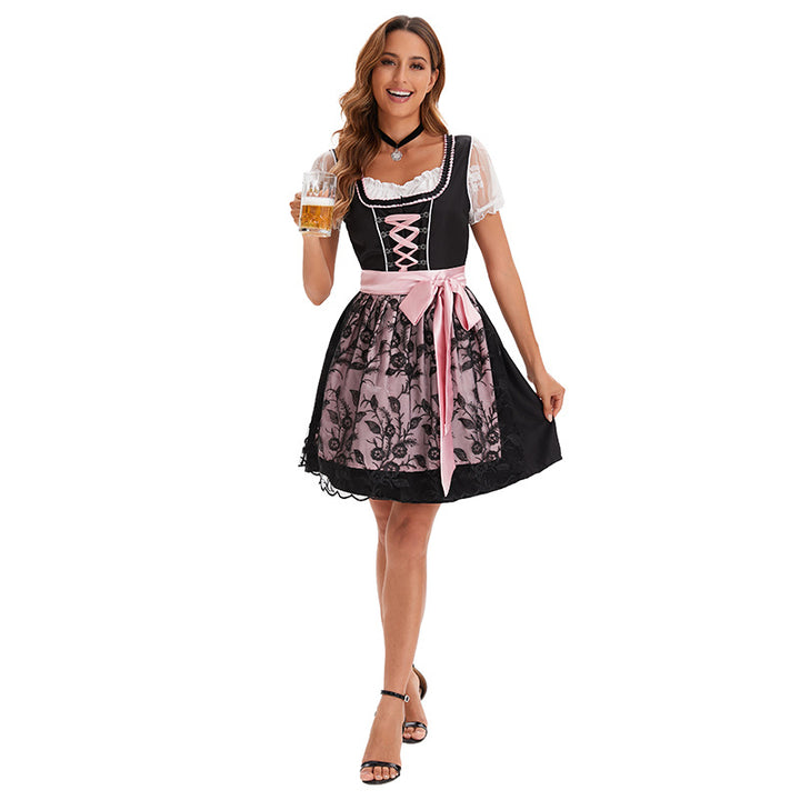 Women's short dirndl dress with lace apron and decorative lacing Mune Fashion