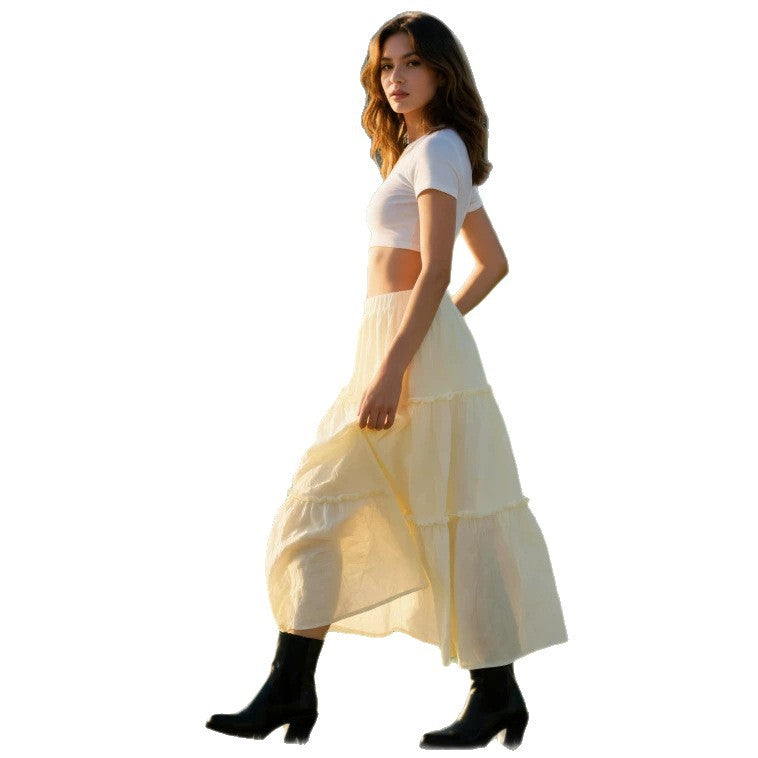 Ladies airy tiered skirt with elastic waistband and transparent chiffon look Drune