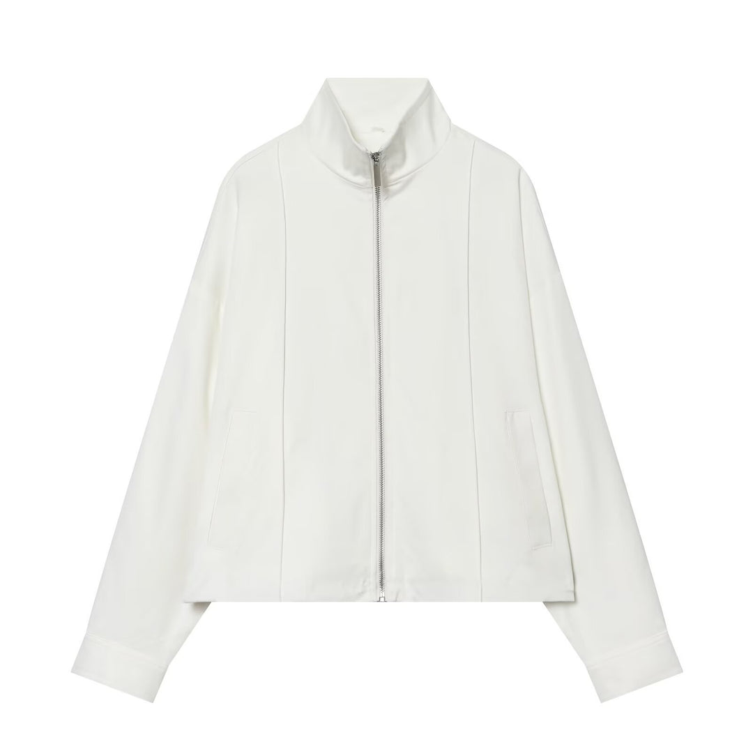 Women Cropped Boxy Transitional Jacket with Funnel Collar and Full-length Zip Mune Fashion