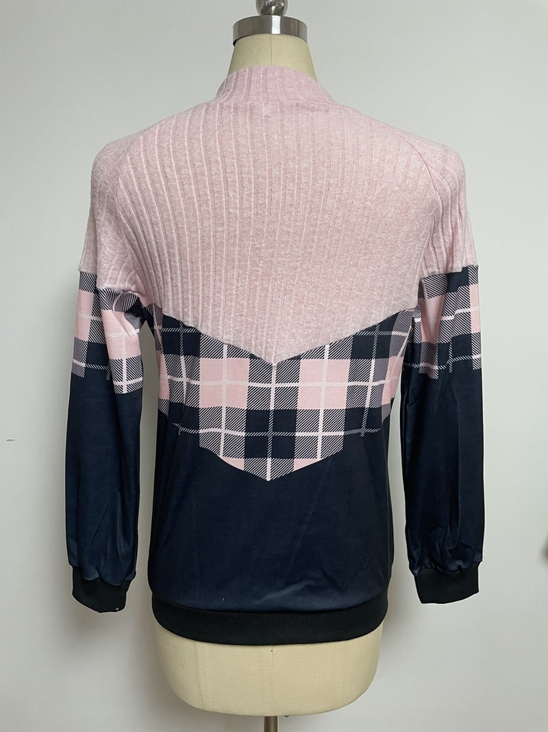 Ladies nan soft-grippy sweatshirt with short zipper, stand-up collar and check panel Mune Fashion