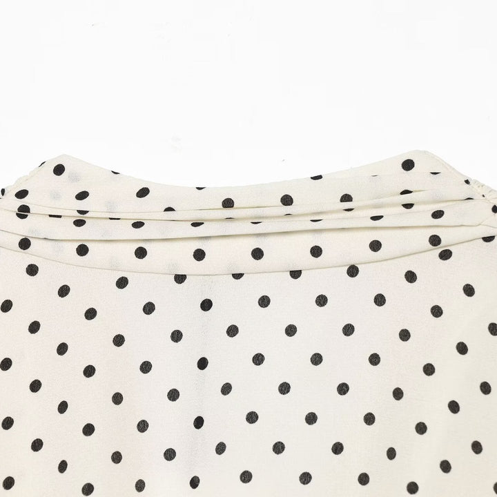 Women Polka Dot Blouse with V-Neck, Ruffled Hem and Balloon Sleeves Mune Fashion