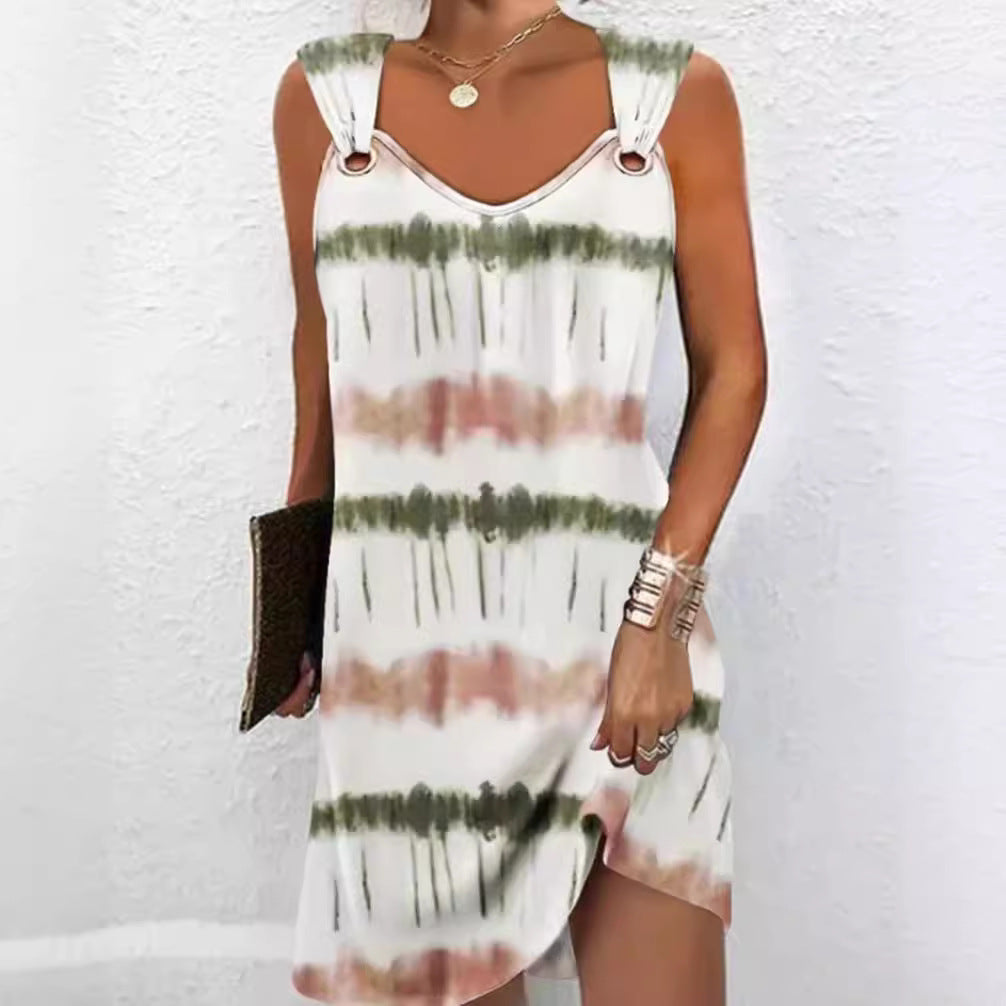 Women's sleeveless V-neck summer dress with decorative metal eyelets on wide straps and casual A-line silhouette Mune Fashion