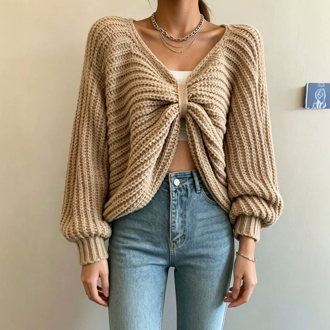 Women's Cropped Knit Cardigan with Knot Detail and Balloon Sleeves Mune Fashion