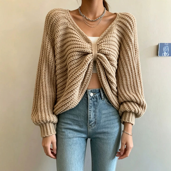 Women's Cropped Knit Cardigan with Knot Detail and Balloon Sleeves Mune Fashion