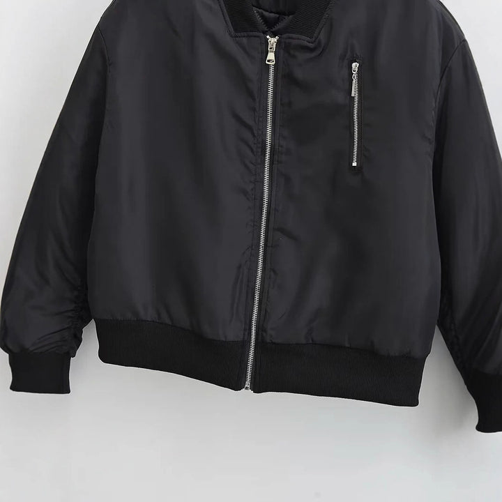 Women nan windproof satin bomber jacket with chest zipper, ribbed cuffs and light thermal lining Mune Fashion