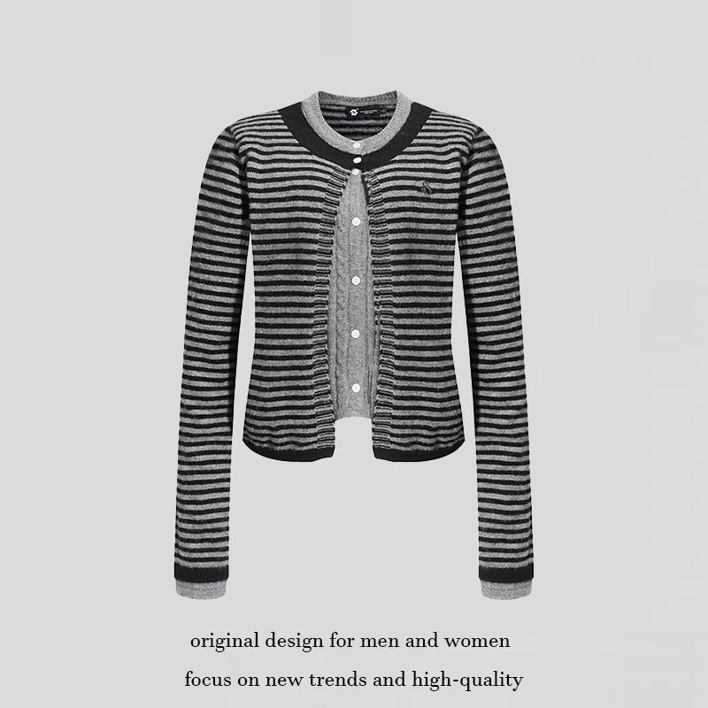 Women's Short Layered Cardigan with Round Neck and Fine Stripes Mune Fashion