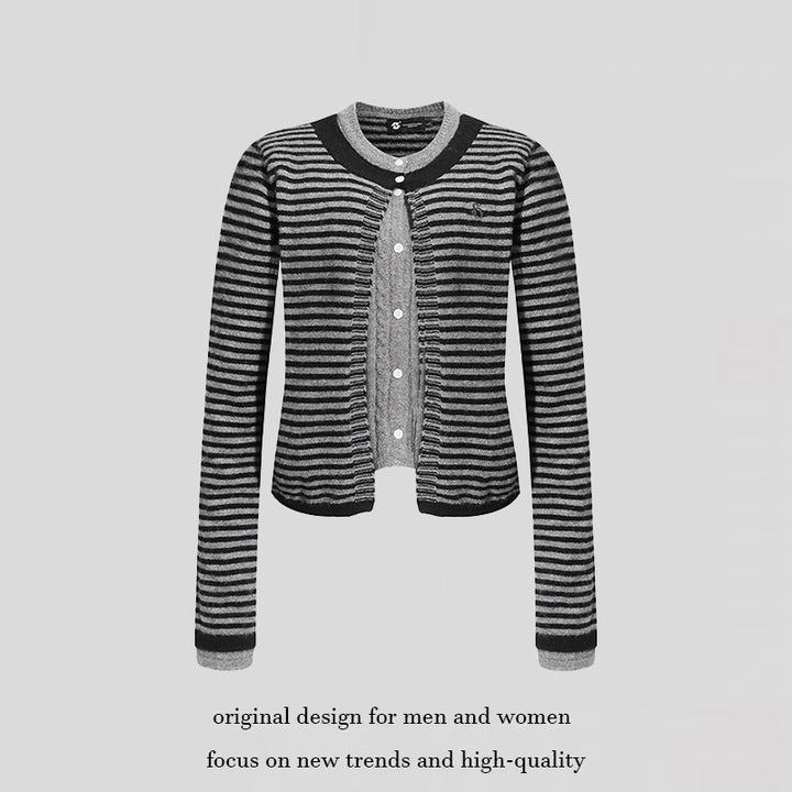 Women's Short Layered Cardigan with Round Neck and Fine Stripes Mune Fashion