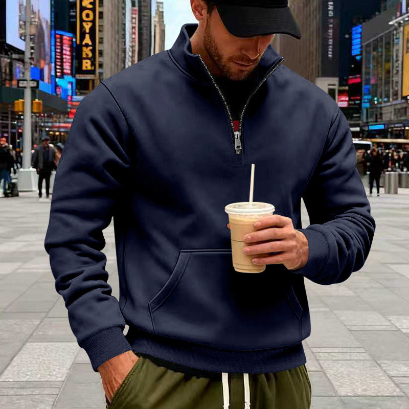 Men's half-zip sweatshirt with kangaroo pocket, elastic ribbed cuffs, and high stand-up collar Mune Fashion
