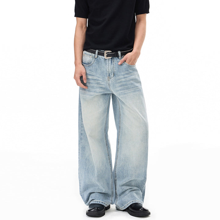 Men's Wide Loose Palazzo Denim Jeans with Drop Crotch and Light Used Wash Mune Fashion