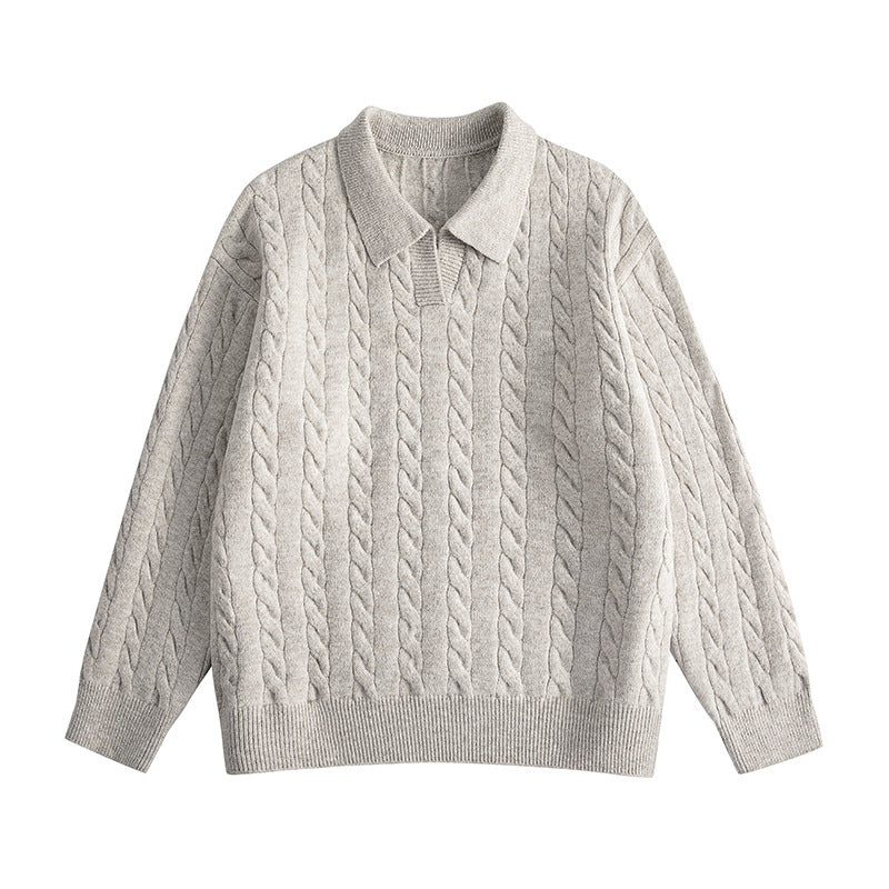 Women's Oversized Cable Knit Polo Sweater with V-Neck and Ribbed Hem Mune Fashion