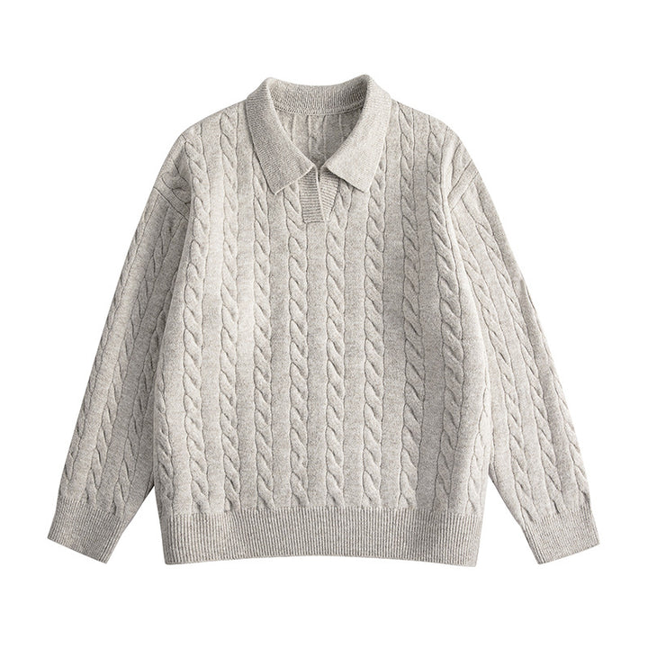 Women's Oversized Cable Knit Polo Sweater with V-Neck and Ribbed Hem Mune Fashion