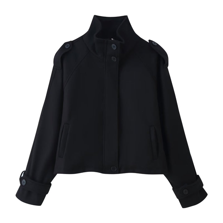 Women Short Wool Blend Jacket with Stand-Up Collar, Shoulder Flaps and Adjustable Cuffs Mune Fashion