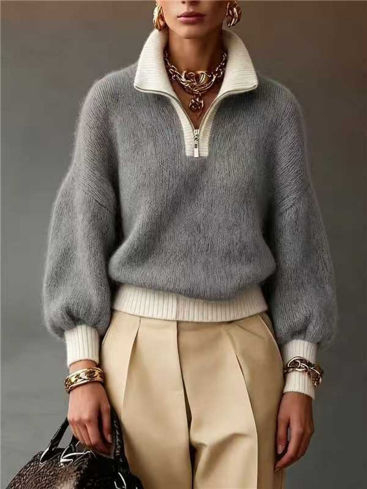 Women's Fluffy Sweater with Half Zipper, Stand Collar and Balloon Sleeves Mune Fashion