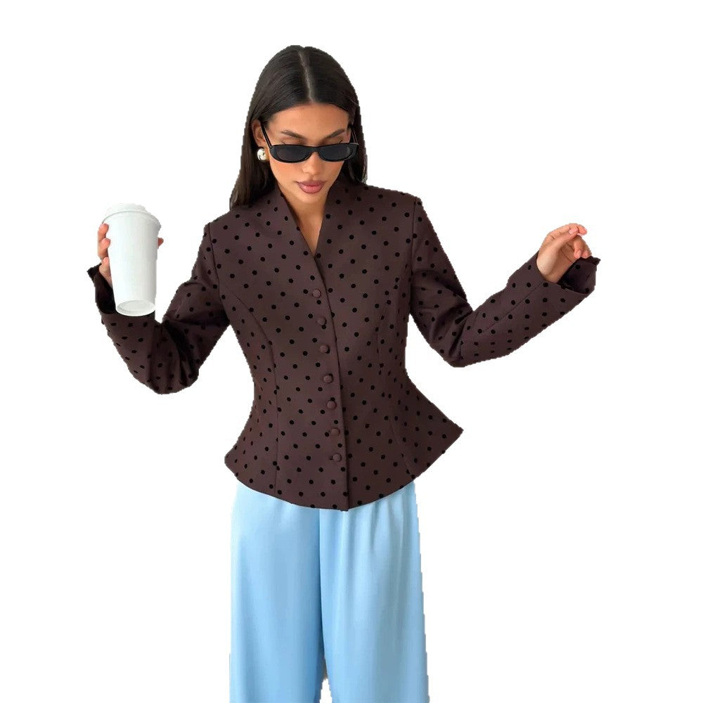 Women's Tailored Stand Collar Blazer with Polka Dot Pattern and Concealed Button Placket Mune Fashion