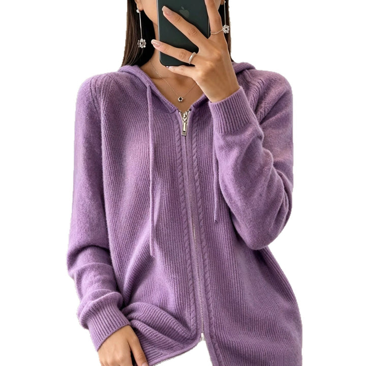 Women's hooded cardigan with zipper, fine knit and ribbed cuffs Mune Fashion