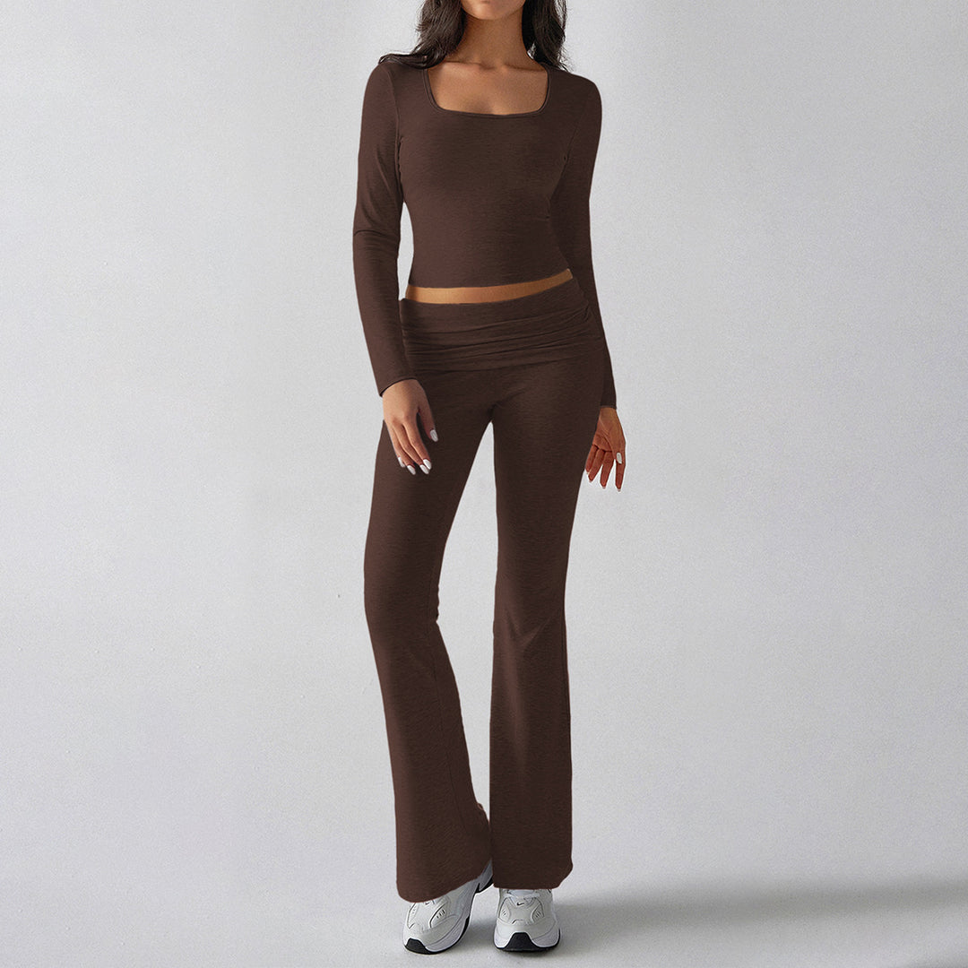 Women's figure-hugging cropped set with long-sleeve top with square neckline and flared high-waist yoga pants Mune Fashion