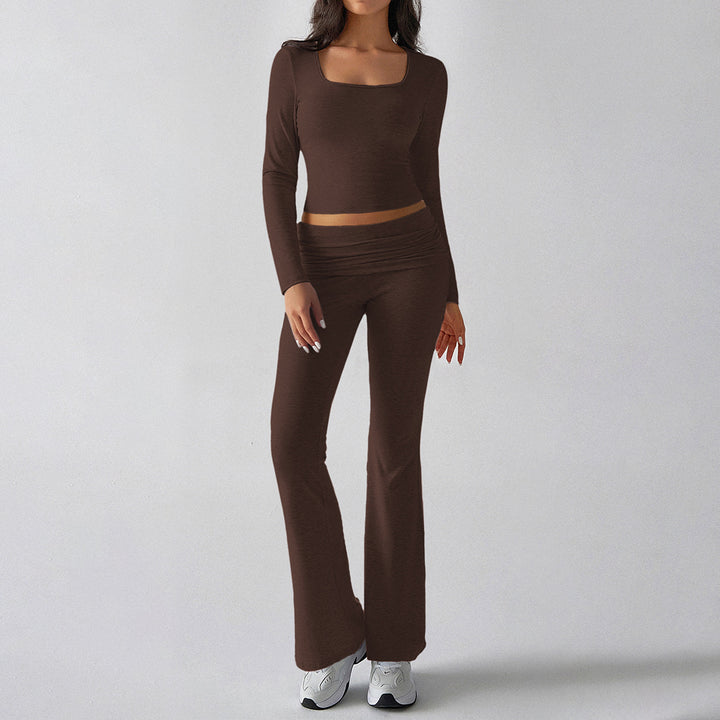 Women's figure-hugging cropped set with long-sleeve top with square neckline and flared high-waist yoga pants Mune Fashion