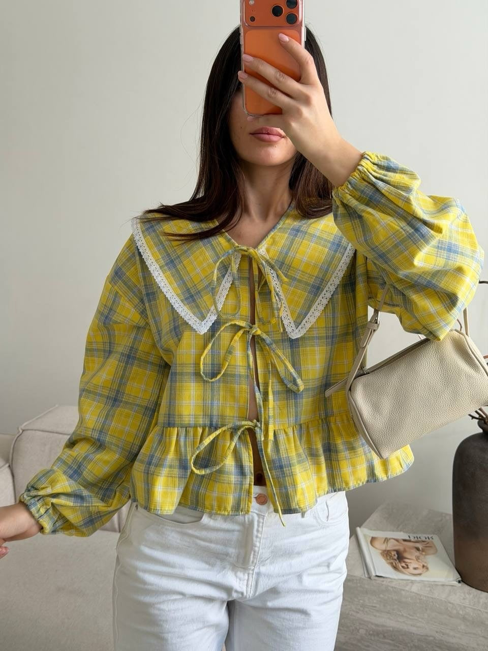 Women's Checked Ruffle Blouse with Oversized Lace Collar and Ties Mune Fashion