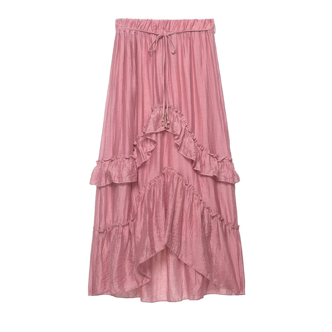 Women's tiered maxi-length skirt with ruffled tiers, elastic waistband and drawstring Mune Fashion