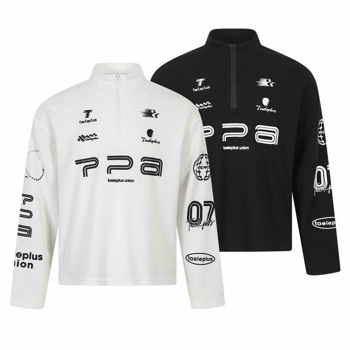 Unisex Thermal Waffle Half-Zip with Stand-Up Collar and Allover Logo Print Mune Fashion