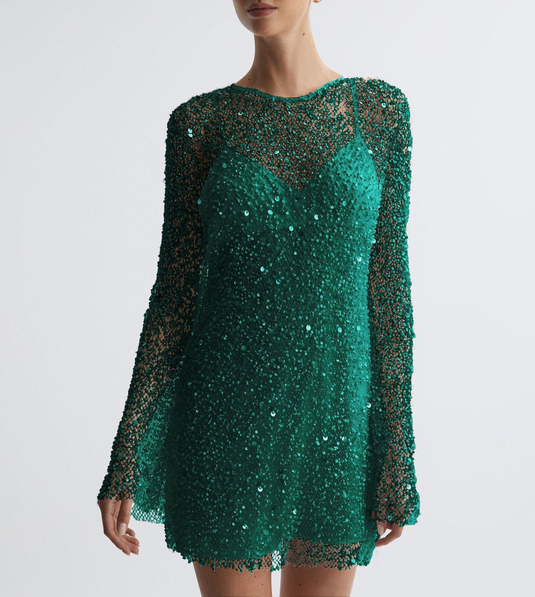 Ladies Glittering Cocktail Dress with Shimmering Sequins and Long Sleeves Mune