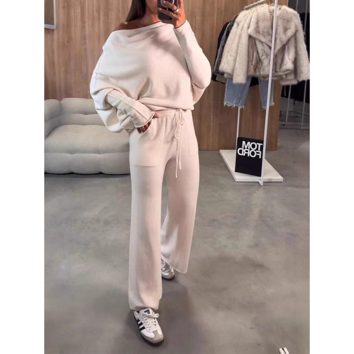Women's Knit Loungewear Set with Oversized Shoulder, Wide Leg and Drawstring Mune Fashion