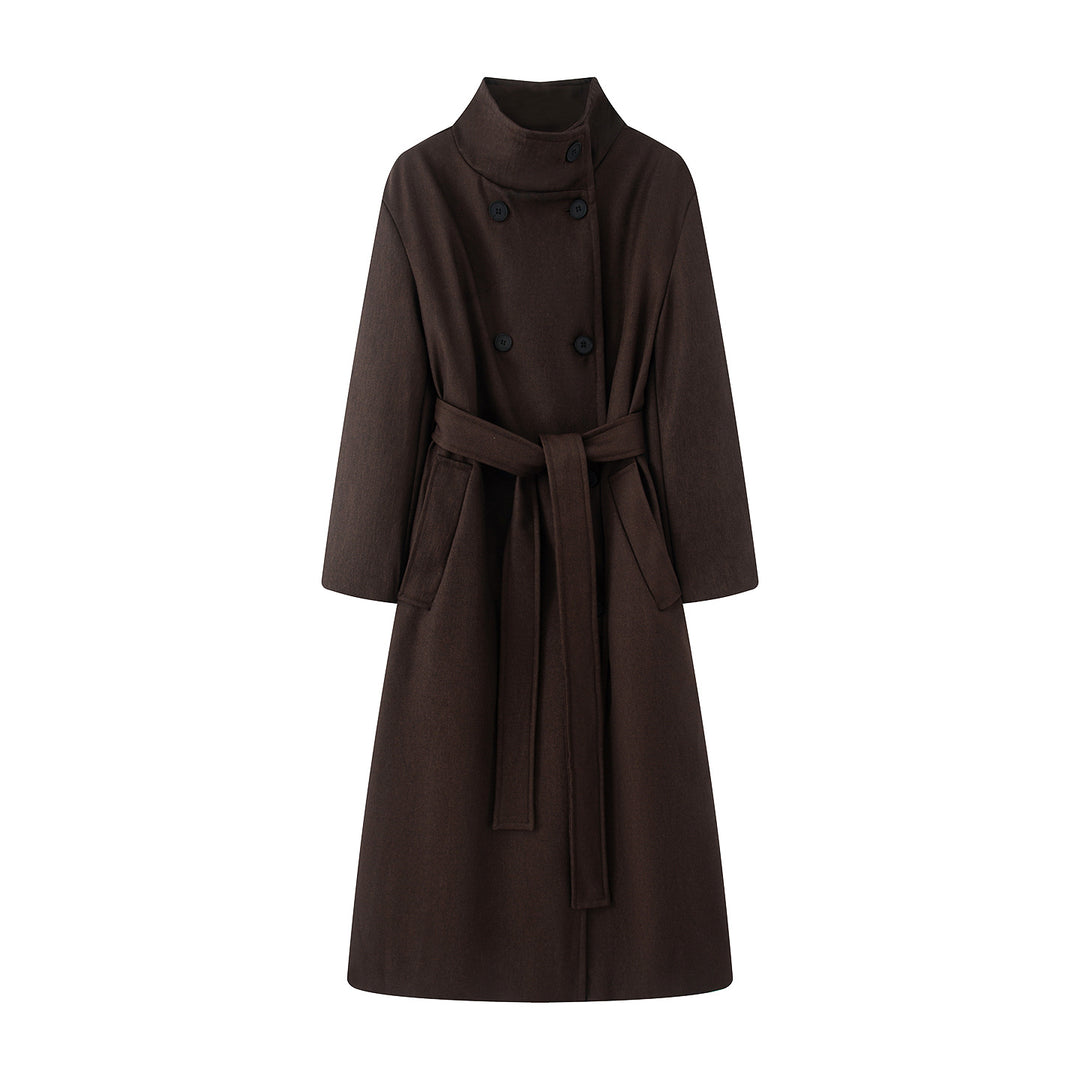 Women's longer double-breasted coat with high stand-up collar, wide tie belt, and concealed side pockets Mune Fashion