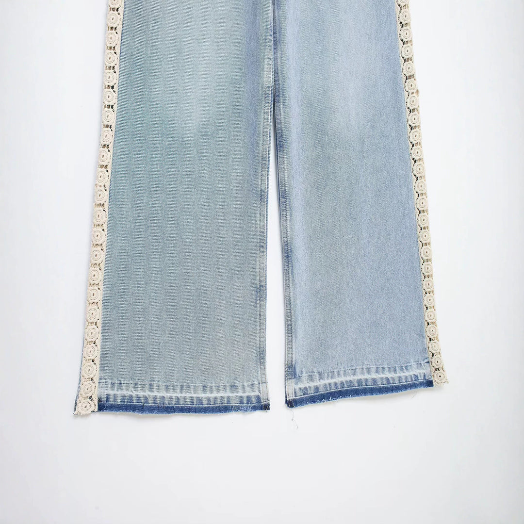 Women's Highwaist Cropped Wide-Leg Jeans with Crochet Lace Side Stripes Mune Fashion