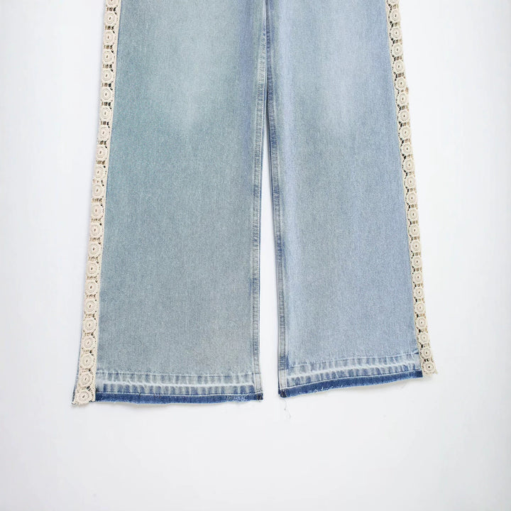 Women's Highwaist Cropped Wide-Leg Jeans with Crochet Lace Side Stripes Mune Fashion